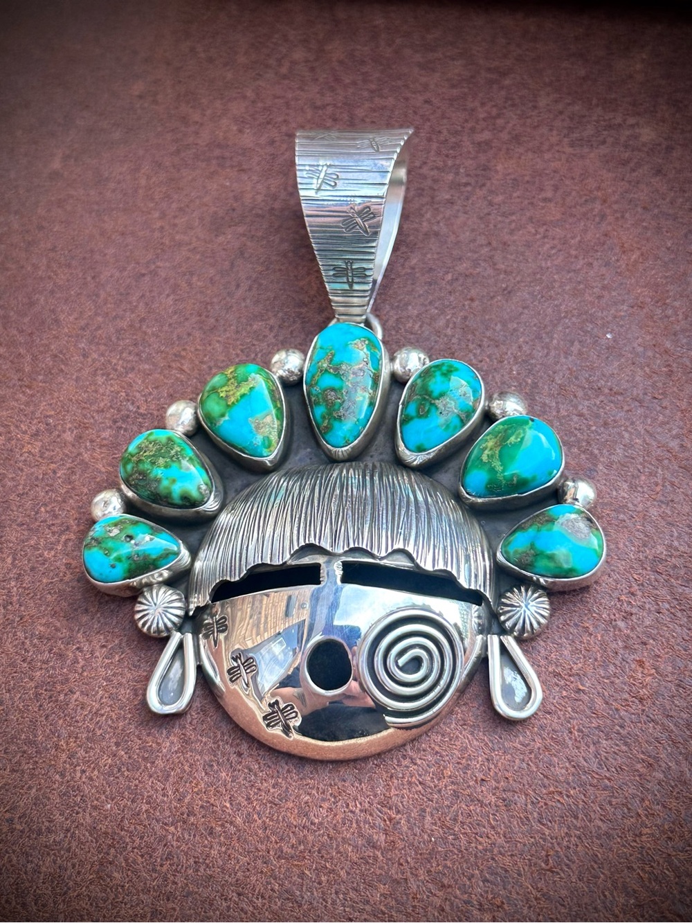 Alex Sanchez sterling silver maiden pendant Zuni jewelry Sonoran gold turquoise